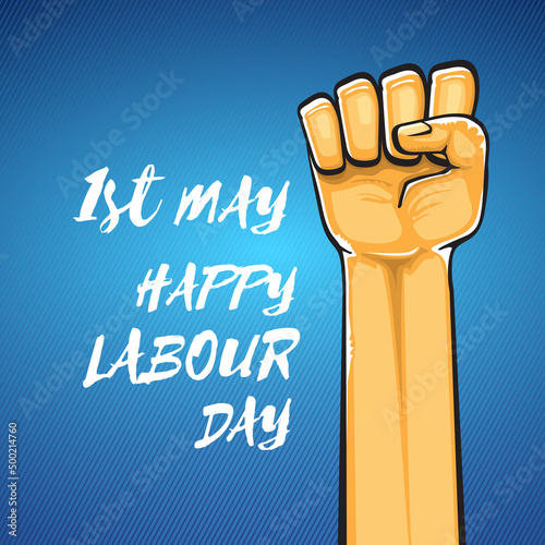 Happy labour day vector label with strong orange fist isolated on blue background. vector happy labor day background with man hand. red workers may day poster