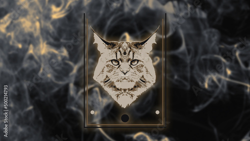 Maine coon head on abstract background, 3D rendering, illustration for use as print, emblem and other photo