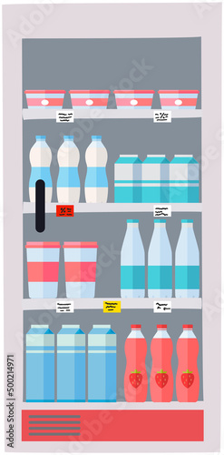 Showcase refrigerator for cool drinks in bottles. Fridge dispenser cooling machine with lemonades and water in plastic and glass containers. Cooling equipment for supermarket, grocery store