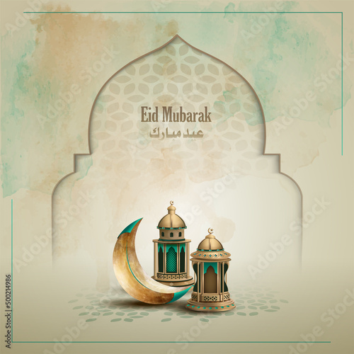 Islamic greetings eid mubarak card design with beautiful lanterns and crescent moon