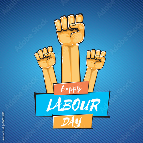 Happy labour day vector label with strong orange fist isolated on blue background. vector happy labor day background with man hand. red workers may day poster