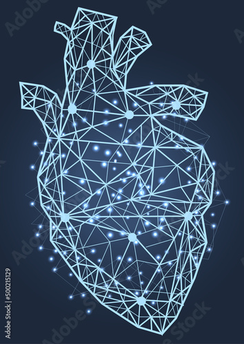 Anatomical human heart with painful area. Innovative technology in medicine, disease diagnostics concept. Organ of human cardiovascular system. Modern depiction of poligonal heart vector illustration
