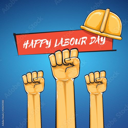 Happy labour day vector label with strong orange fist isolated on blue background. vector happy labor day background with man hand. red workers may day poster