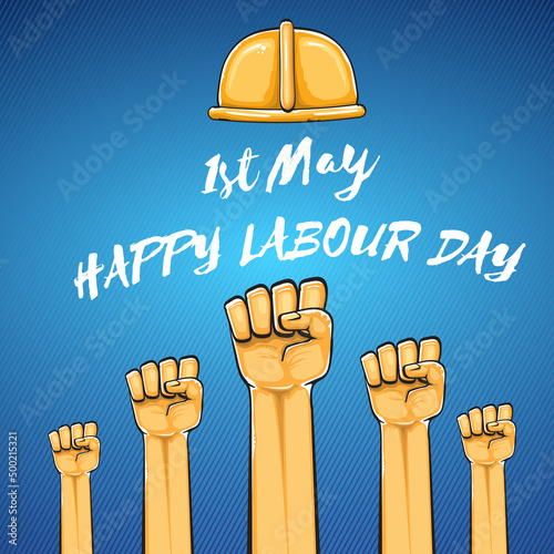 Happy labour day vector label with strong orange fist isolated on blue background. vector happy labor day background with man hand. red workers may day poster