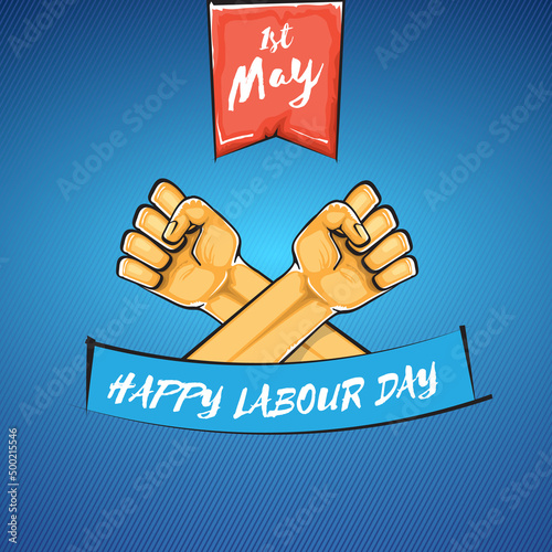 Happy labour day vector label with strong orange fist isolated on blue background. vector happy labor day background with man hand. red workers may day poster