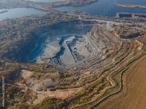 Rybalsky granite quarry. The city of Dnipro, Ukraine. Photo from the air. Open working quarry.