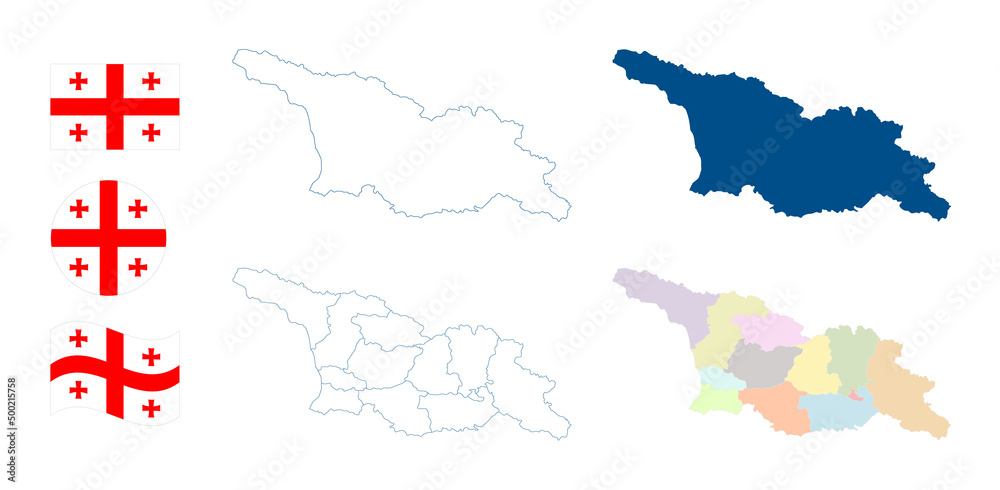 Georgia map. Detailed blue outline and silhouette. Administrative divisions, autonomous republics and regions. Country flag. Set of vector maps. All isolated on white background. Template for design.