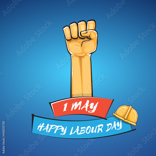 Happy labour day vector label with strong orange fist isolated on blue background. vector happy labor day background with man hand. red workers may day poster