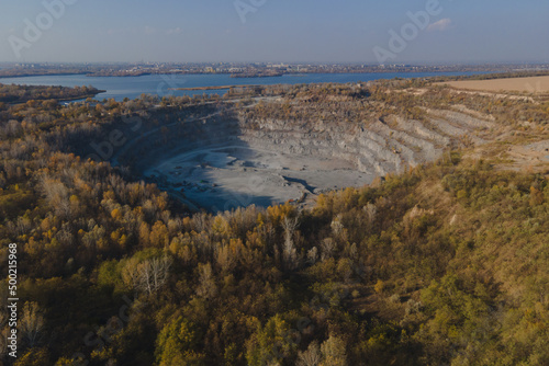 Rybalsky granite quarry. The city of Dnipro, Ukraine. Photo from the air. Open working quarry. photo