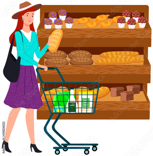 Woman with shopping cart in supermarket. Lady during shopping, customer in mall, retail store. Girl chooses pastries, bread at grocery store. Female character looking at bakery in hypermarket