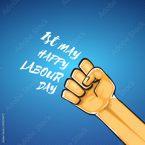 Happy labour day vector label with strong orange fist isolated on blue background. vector happy labor day background with man hand. red workers may day poster