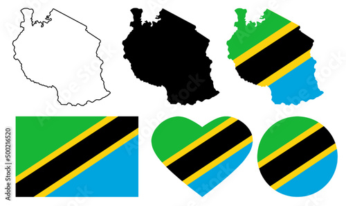 United Republic of Tanzania map flag icon set isolated on white background