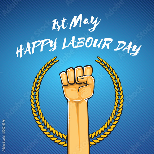 Happy labour day vector label with strong orange fist isolated on blue background. vector happy labor day background with man hand. red workers may day poster