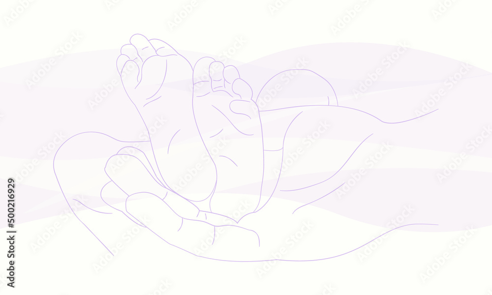 Newborn baby's feet on a mother's hand on a purple background Newborn baby's feet on a mother's hand on a purple background