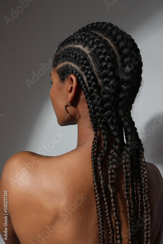 Vertical close-up of African young woman with braids posing on white background.