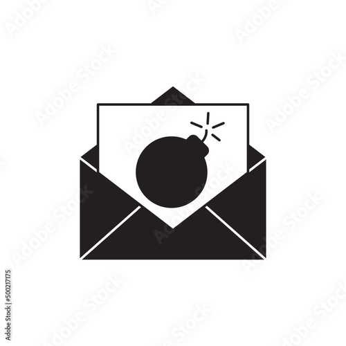Mail bomb icon in black flat glyph, filled style isolated on white background