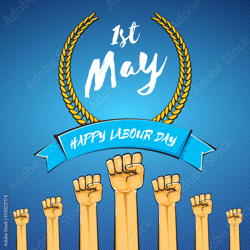 Happy labour day vector label with strong orange fist isolated on blue background. vector happy labor day background with man hand. red workers may day poster