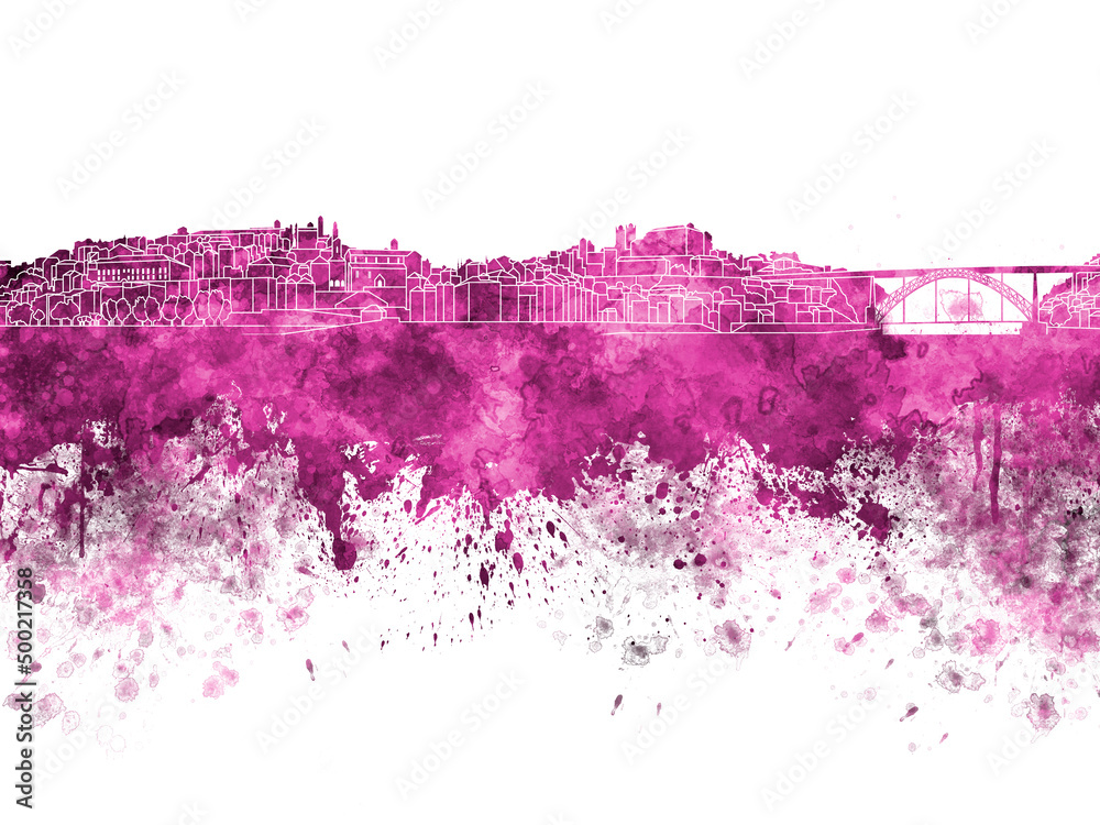 Porto skyline in pink watercolor on white background