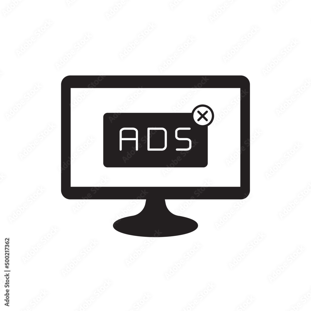 Computer displaying ads icon in black flat glyph, filled style isolated on white background Computer displaying ads icon in black flat glyph, filled style isolated on white background