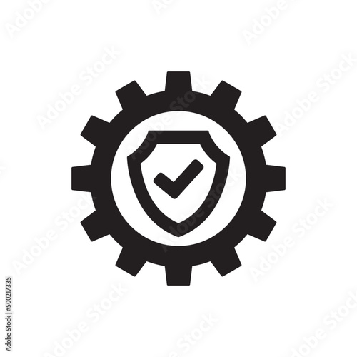 Setting with protection icon. cogwheel with shield sign in black flat glyph, filled style isolated on white background