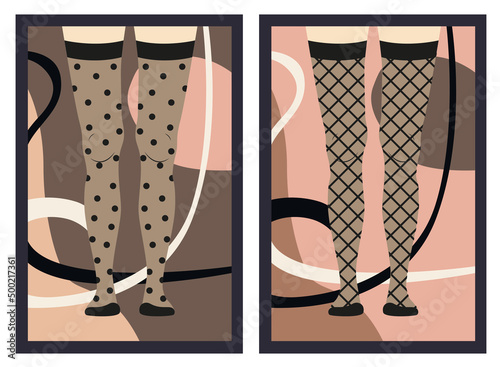 Vector template with tights on legs. Colorful abstract simple shapes. Promotion design for social media, logo for shop, beauty salon.