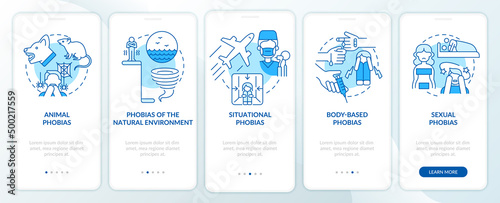 Specific phobias blue onboarding mobile app screen. Anxiety disorder walkthrough 5 steps graphic instructions pages with linear concepts. UI, UX, GUI template. Myriad Pro-Bold, Regular fonts used