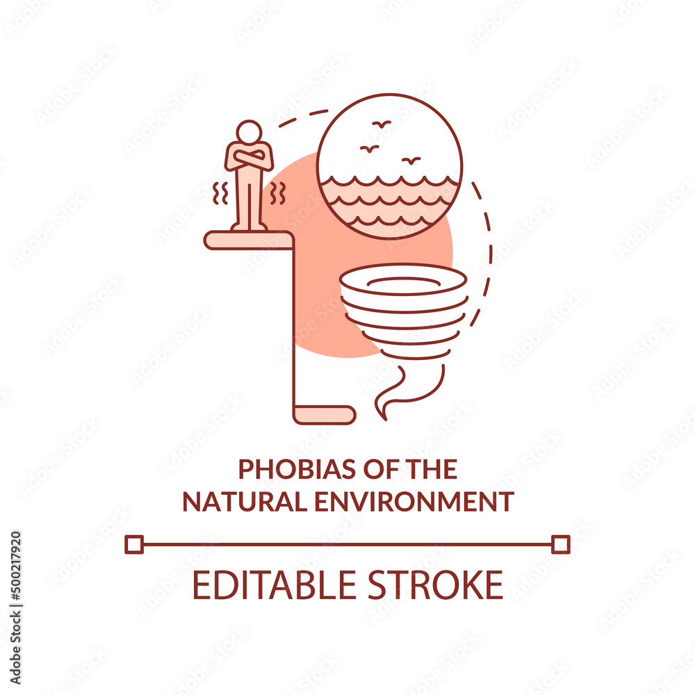 Phobias of natural environment red concept icon. Anxiety disorder. Specific phobias abstract idea thin line illustration. Isolated outline drawing. Editable stroke. Arial, Myriad Pro-Bold fonts used