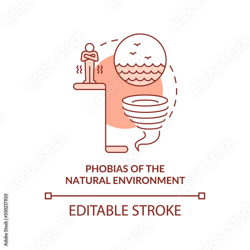 Phobias of natural environment red concept icon. Anxiety disorder. Specific phobias abstract idea thin line illustration. Isolated outline drawing. Editable stroke. Arial, Myriad Pro-Bold fonts used