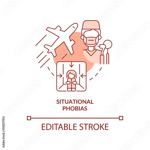 Situational phobias red concept icon. Anxiety disorder. Specific phobias abstract idea thin line illustration. Isolated outline drawing. Editable stroke. Arial, Myriad Pro-Bold fonts used