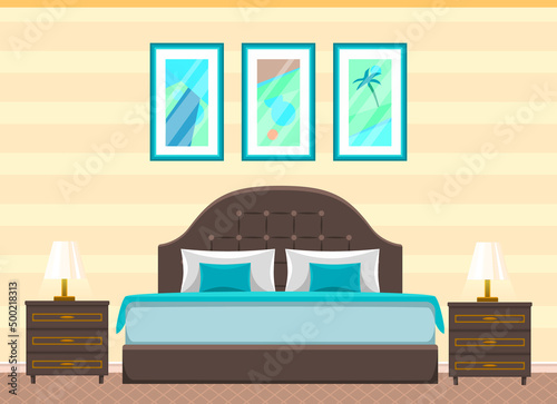 Design of modern house or hotel room. Home with comfortable furniture, bed, bedside tables and paintings. Empty area for recreation, cozy hotel room interior. Bedroom for sleep and relaxation