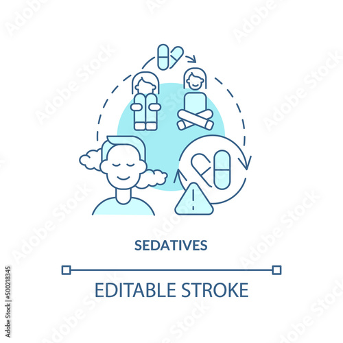 Sedatives turquoise concept icon. Pills reducing irritability. Phobia treatment abstract idea thin line illustration. Isolated outline drawing. Editable stroke. Arial, Myriad Pro-Bold fonts used