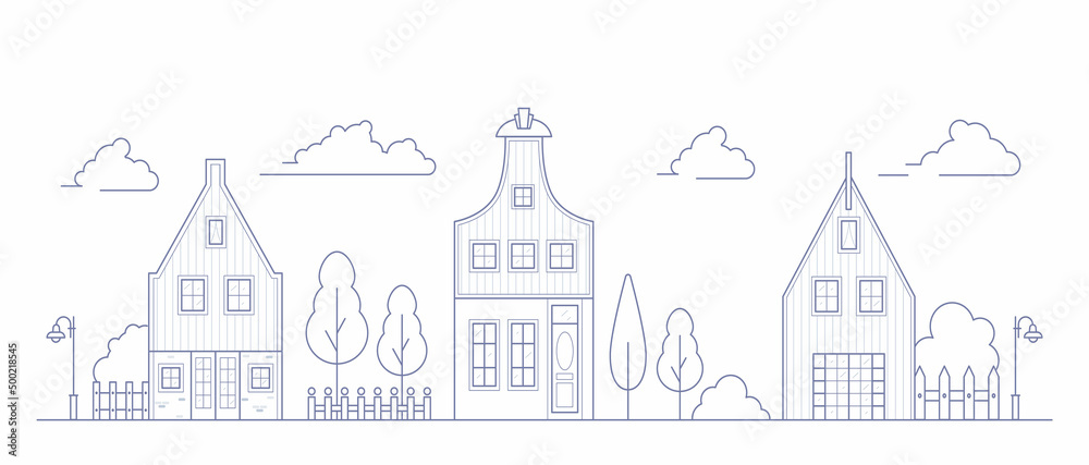 Europe neighborhood houses. Holland suburban with cozy homes. Facades of old traditionsl buildings in Netherlands. landscape outline vector illustration.