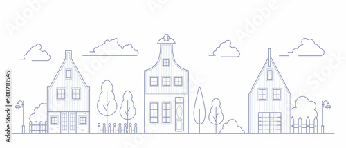 Europe neighborhood houses. Holland suburban with cozy homes. Facades of old traditionsl buildings in Netherlands. landscape outline vector illustration.