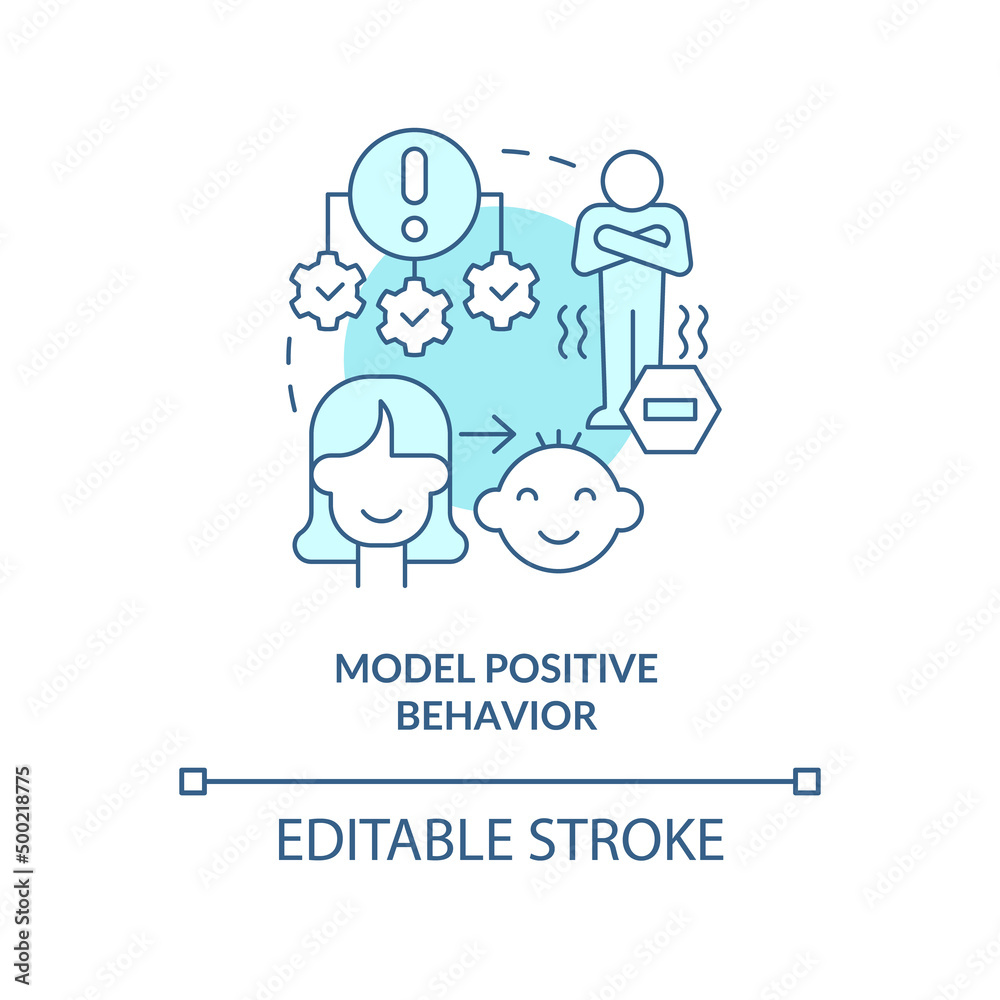 Model positive behavior turquoise concept icon. How to overcome fear. Helping child abstract idea thin line illustration. Isolated outline drawing. Editable stroke. Arial, Myriad Pro-Bold fonts used