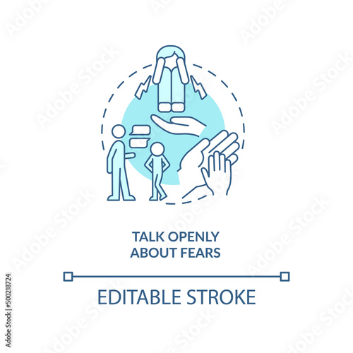 Talk openly about fears turquoise concept icon. Support kids. Helping child abstract idea thin line illustration. Isolated outline drawing. Editable stroke. Arial, Myriad Pro-Bold fonts used