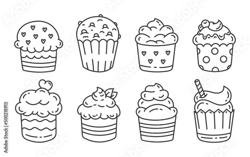 Wallpaper Mural A set of doodles cakes with cream and berries, sweets. Doodle illustration isolated on white background.	 Torontodigital.ca