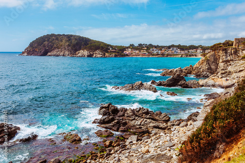 Main view of Cala Fosca, a lovely beach in Palamos, Costa Brava, Girona, Catalonia, Spain. Travel destination for summer vacations.