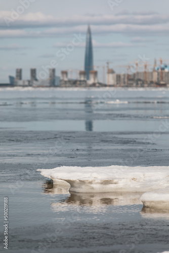 Saint Petersburg, Russia - April 2022: View of skyscraper Lakhta center on the shore Gulf of Finland and residential space construction of Sea Facade (reclaimed land) of Vasilievsky island
