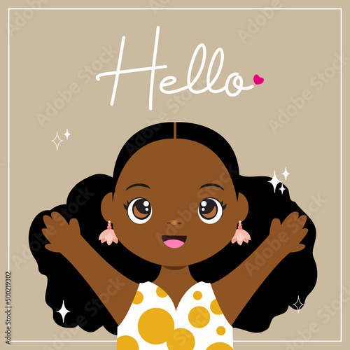 Black girl say hello. Vector flat style cartoon illustration.