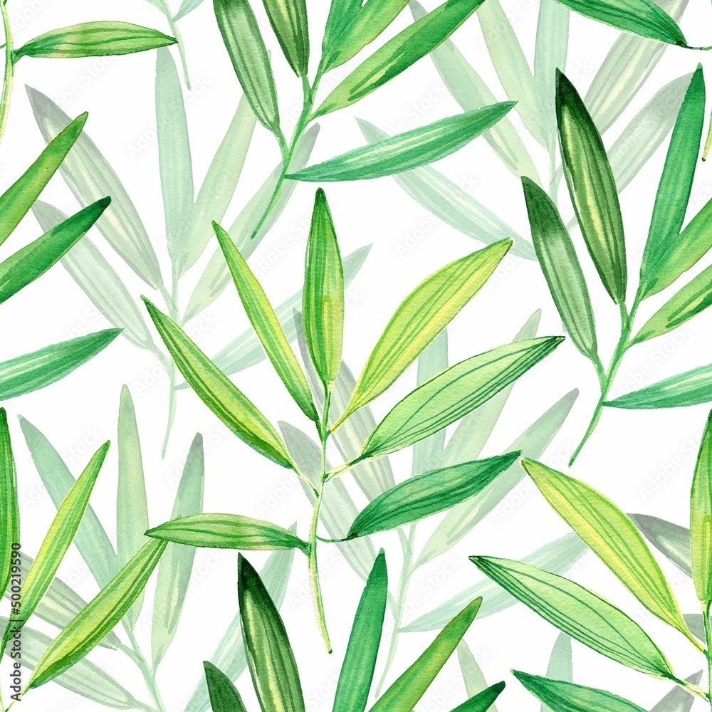 Watercolor seamless background. Bamboo green leaves. 
