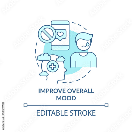 Improve overall mood turquoise concept icon. Depression issue. Social media detox abstract idea thin line illustration. Isolated outline drawing. Editable stroke. Arial, Myriad Pro-Bold fonts used