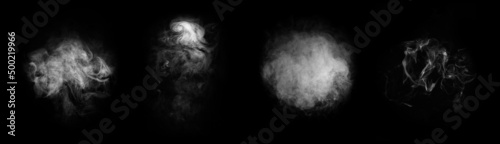 Smoke over black background. Fog or steam abstract texture collage. Set collection.