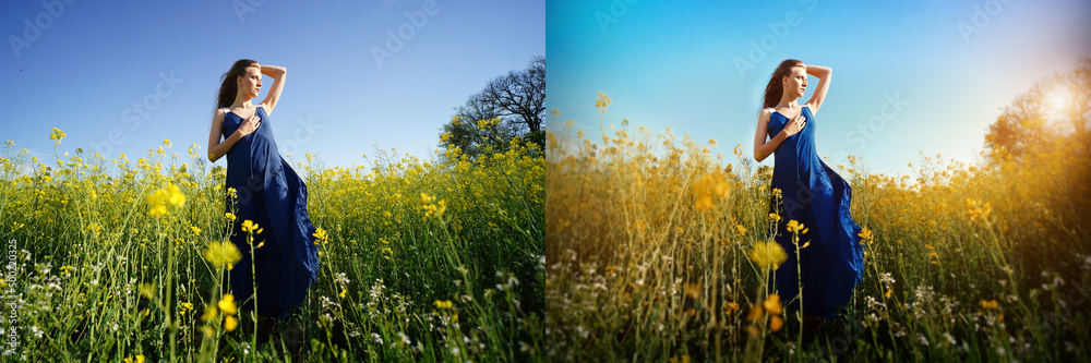 Obraz premium Young beautiful girl in a long blue dress stands among a field of flowers. Yellow blue flag of Ukraine. Symbol of freedom. Horizontal banner for photo retouching, before and after, collage of 2 images