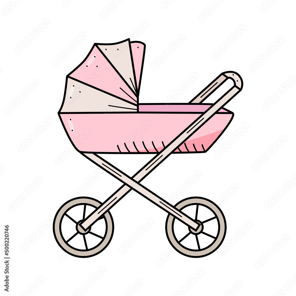 Baby stroller for walking cartoon doodle style. Vector illustration cradle newborn. Baby stroller for walking cartoon doodle style. Vector illustration cradle newborn.
