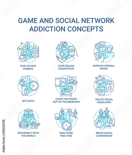 Game and social network addiction turquoise concept icons set. Obsession issue idea thin line color illustrations. Isolated symbols. Editable stroke. Roboto-Medium, Myriad Pro-Bold fonts used