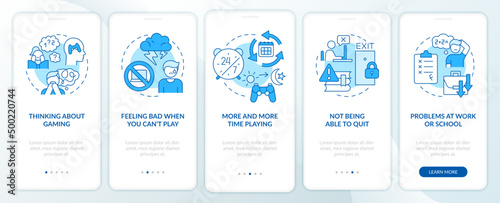 Signs of game addiction blue onboarding mobile app screen. Mental health walkthrough 5 steps graphic instructions pages with linear concepts. UI, UX, GUI template. Myriad Pro-Bold, Regular fonts used