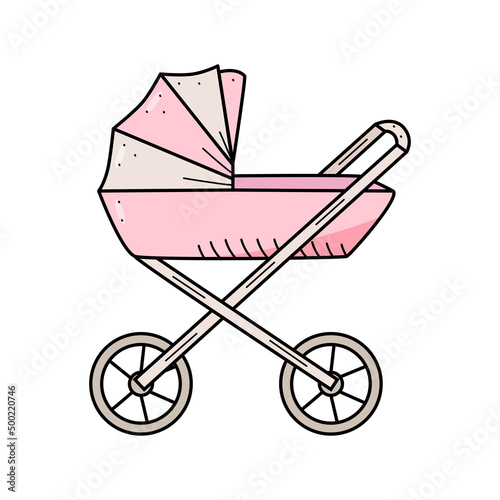 Baby stroller for walking cartoon doodle style. Vector illustration cradle newborn.