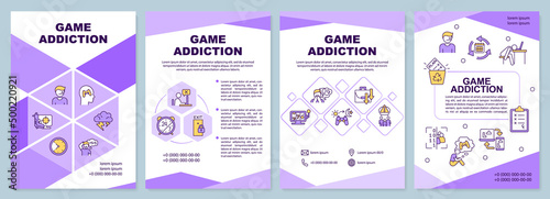 Game addiction purple brochure template. Internet gaming disorder. Leaflet design with linear icons. 4 vector layouts for presentation, annual reports. Arial-Black, Myriad Pro-Regular fonts used