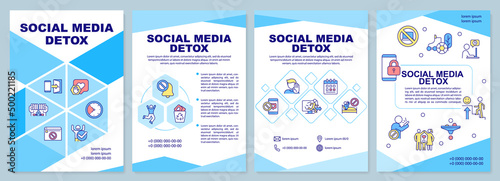 Social media detox blue brochure template. Freedom from internet. Leaflet design with linear icons. 4 vector layouts for presentation, annual reports. Arial-Black, Myriad Pro-Regular fonts used
