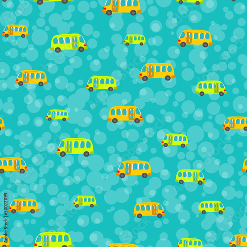 Seamless pattern with cute bus, car on color background. Cartoot transport. Vector illustration. Doodle style. Design for baby print, invitation, poster, card, fabric, textile